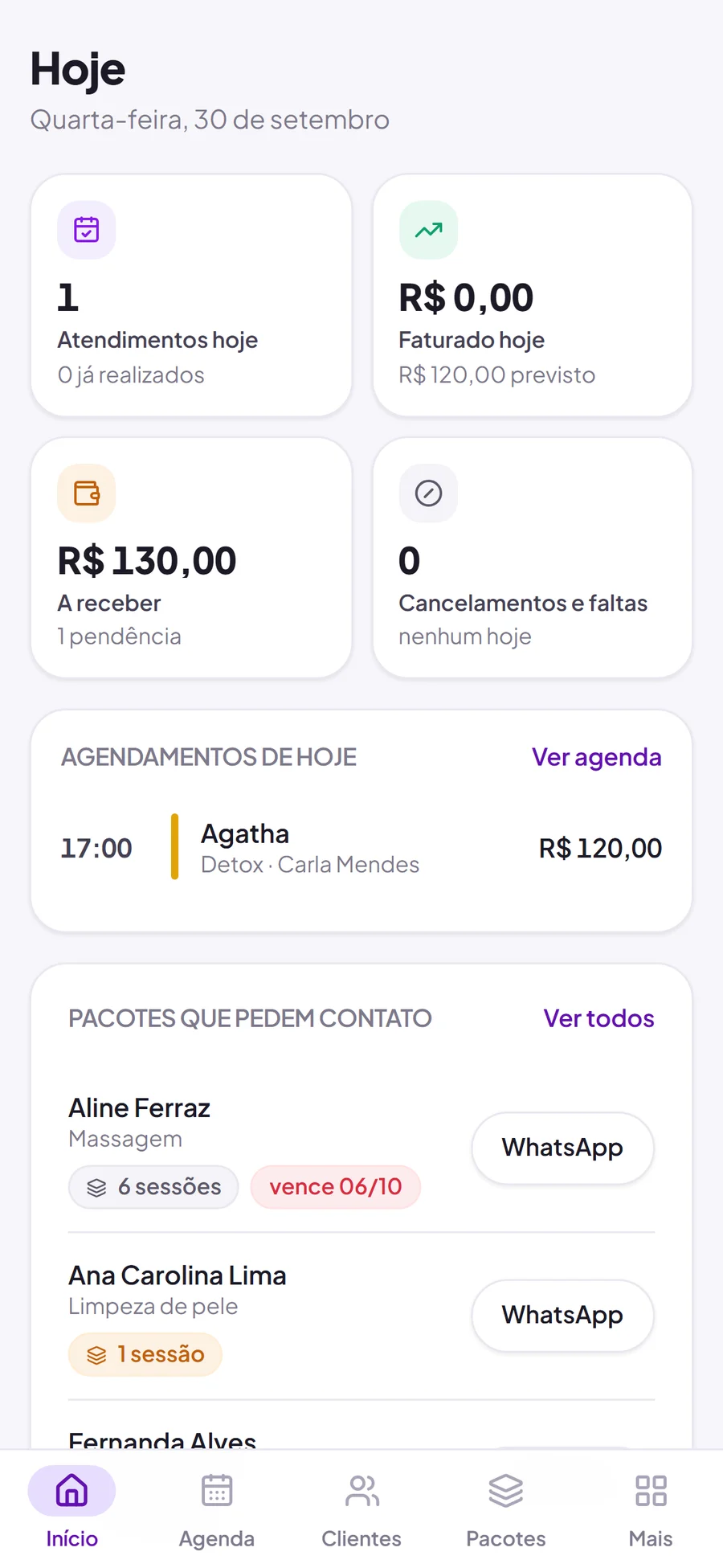 Tela inicial com atendimentos, faturamento e valores a receber